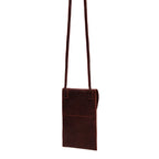 Walker's Pouch in Chestnut tumbled leather, back view with stitched slip pocket and strap