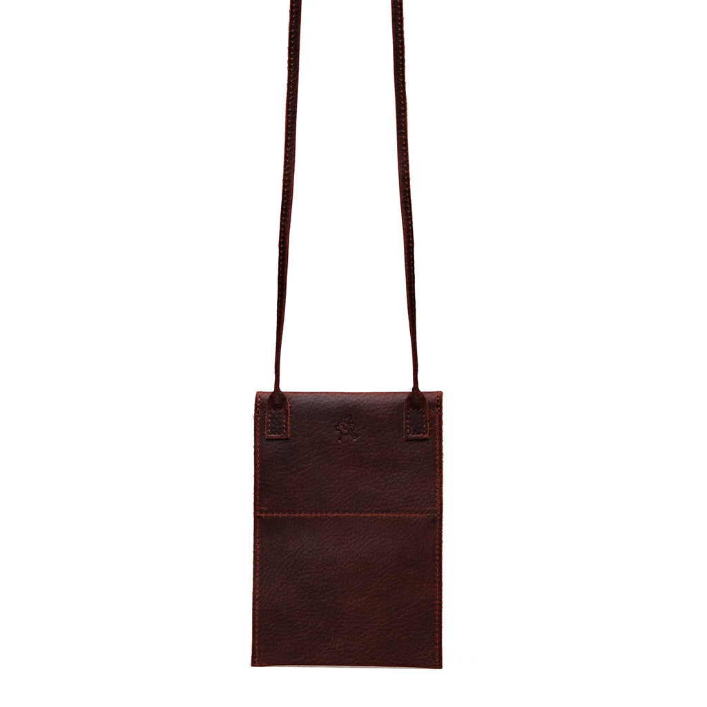 Walker's Pouch in Chestnut tumbled leather, flat back view with slip pocket and crossbody strap