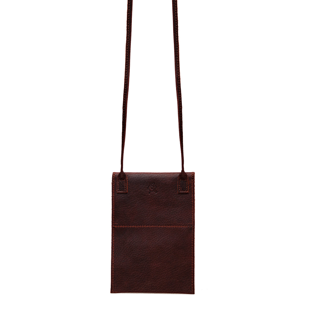 Walker's Pouch in Chestnut tumbled leather, flat back view with slip pocket and crossbody strap