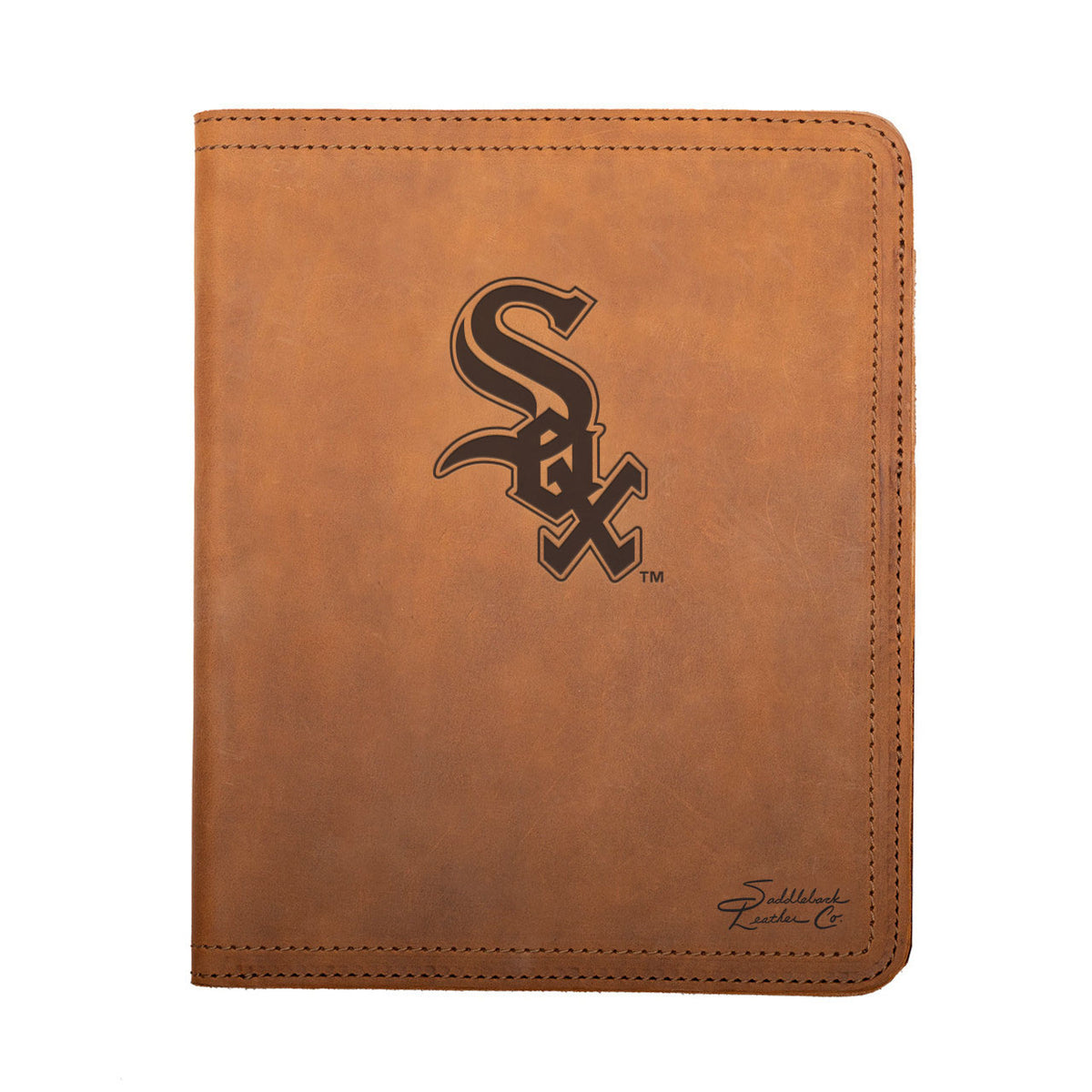 Leather Portfolio - Chicago White Sox in Tobacco, closed, front view with SOX logo and stitched edges