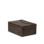 Small Organizer Box in Dark Coffee Brown, closed lid with embossed logo, angled side view