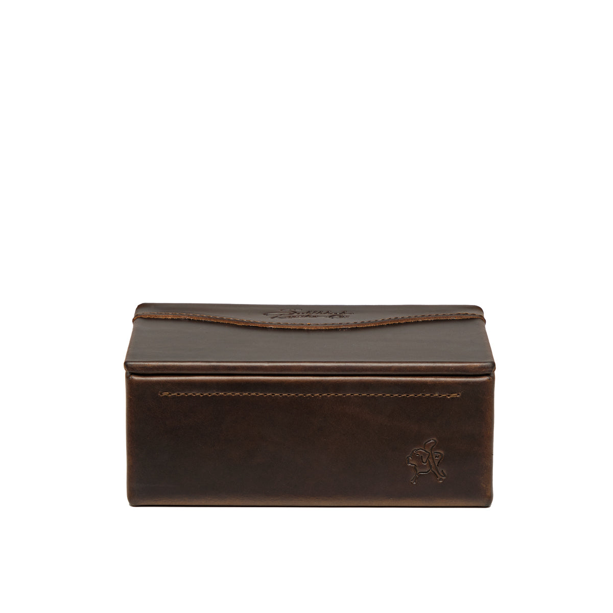 Small Organizer Box in Dark Coffee Brown, closed with embossed logo, straight-on front view