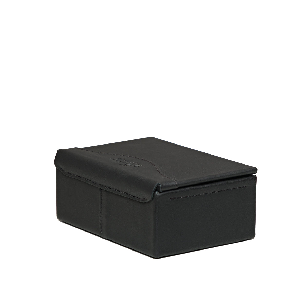 Small Organizer Box in Black, closed, angled back view showing the lid hinge and stitched seams