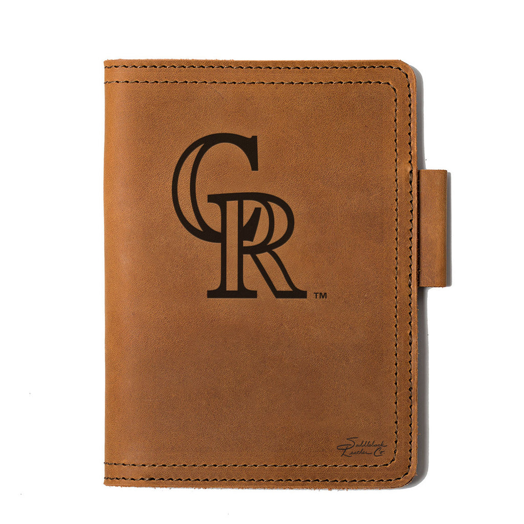 Leather Journal Cover - Colorado Rockies in Tobacco, front cover with embossed Rockies CR logo and pen loop