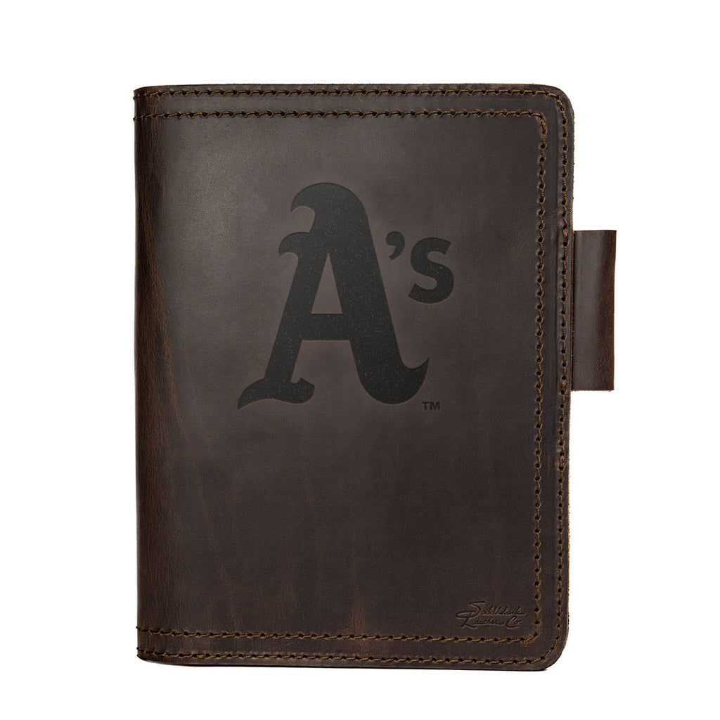 Leather Journal Cover - Oakland Athletics in Dark Coffee Brown, front cover with embossed Athletics A's logo and pen loop