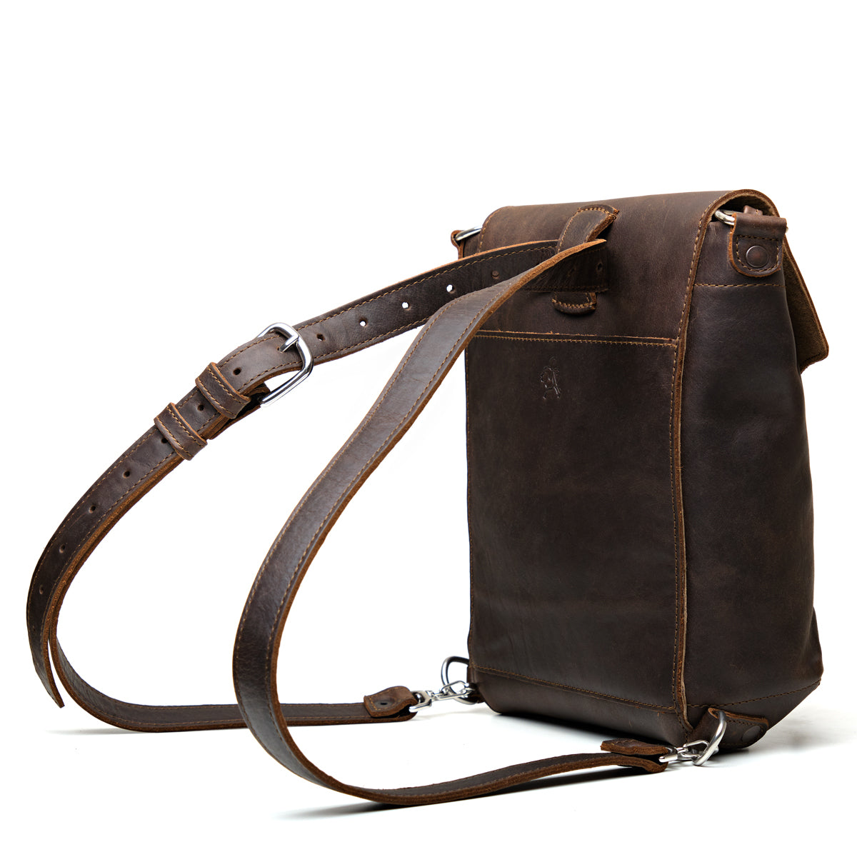 10" Convertible Crossbody in Dark Coffee Brown, angled back view with straps set up as a backpack