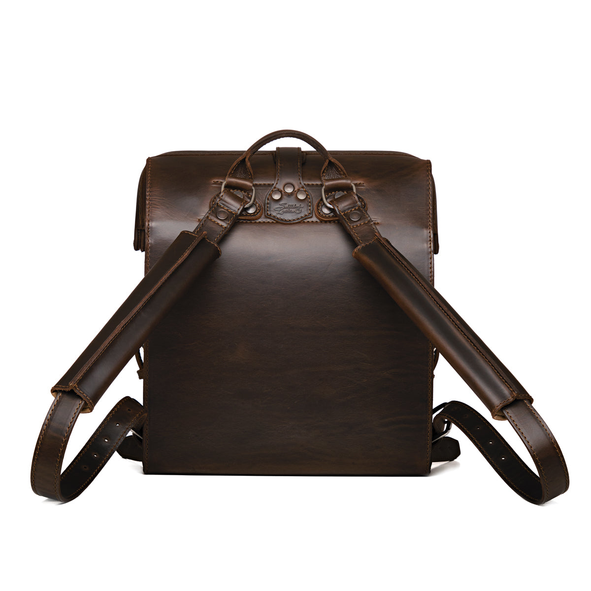 Big Mouth Leather Backpack in Dark Coffee Brown, back view with shoulder straps and top handle