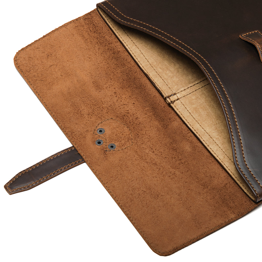 16" Document Holder in Dark Coffee Brown with the flap open, close-up of the suede underside and tan interior
