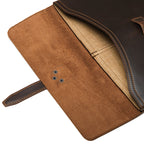 16" Document Holder in Dark Coffee Brown with the flap open, close-up of the suede underside and tan interior