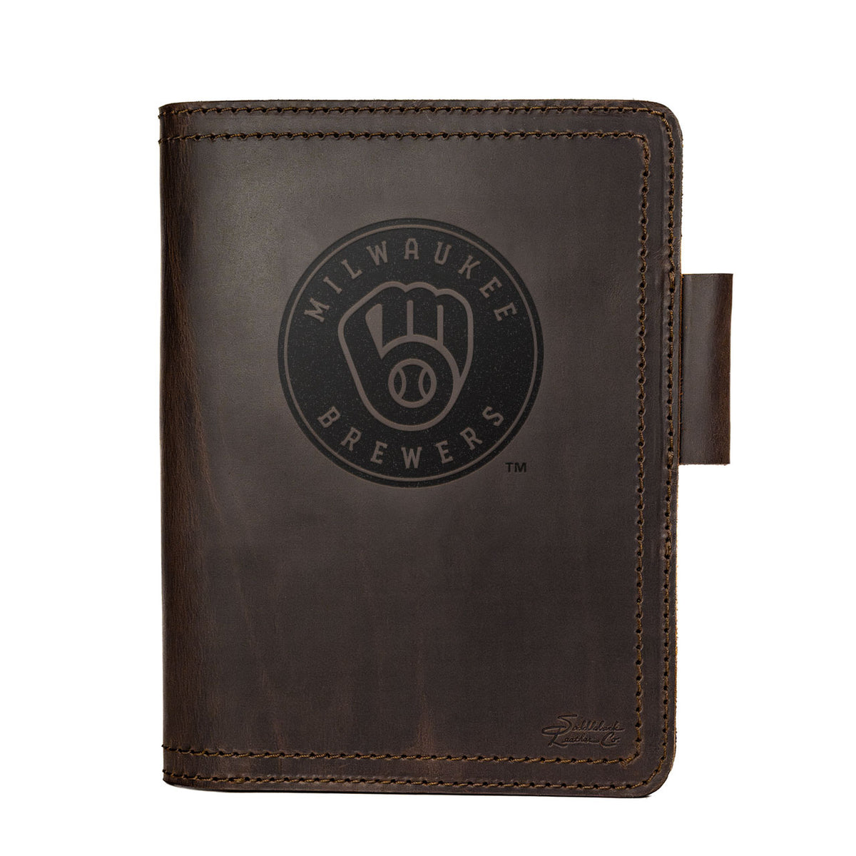 Leather Journal Cover - Milwaukee Brewers in Dark Coffee Brown, front cover with embossed Brewers ball-in-glove logo and pen loop