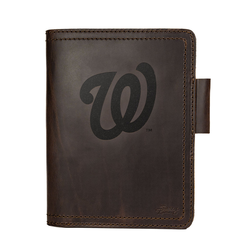 Leather Journal Cover - Washington Nationals in Dark Coffee Brown, front cover with embossed Nationals W logo and pen loop