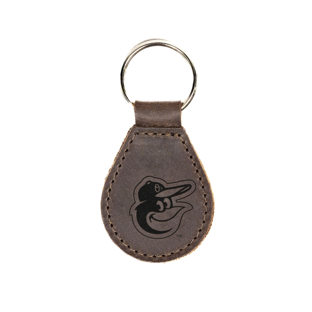 Baltimore Orioles Leather Keychain in Dark Coffee Brown with bird logo and silver key ring, front view