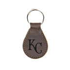 Kansas City Royals Leather Keychain in Dark Coffee Brown with KC logo and silver key ring, front view