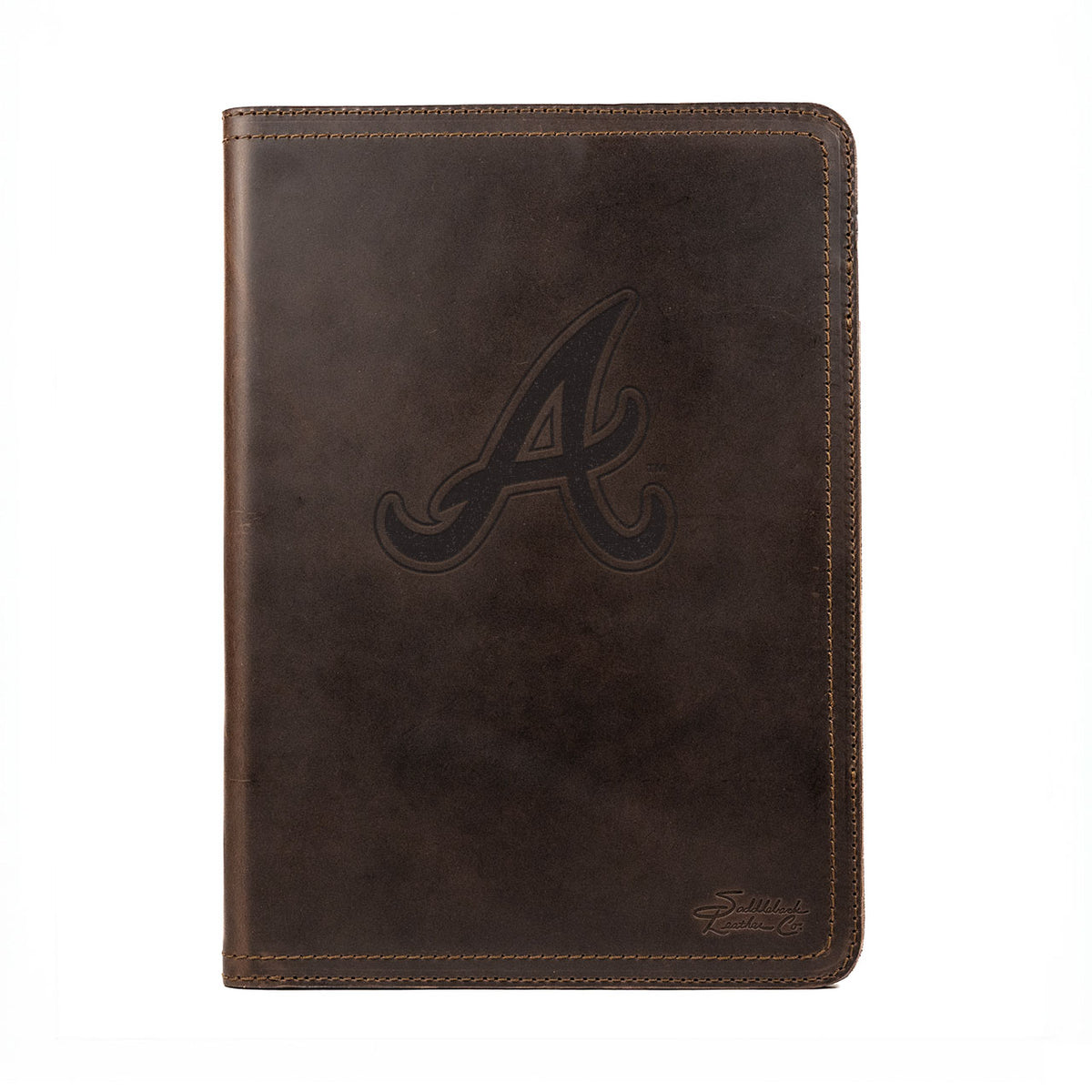 Leather Portfolio - Atlanta Braves in Dark Coffee Brown, front cover with embossed Braves A logo