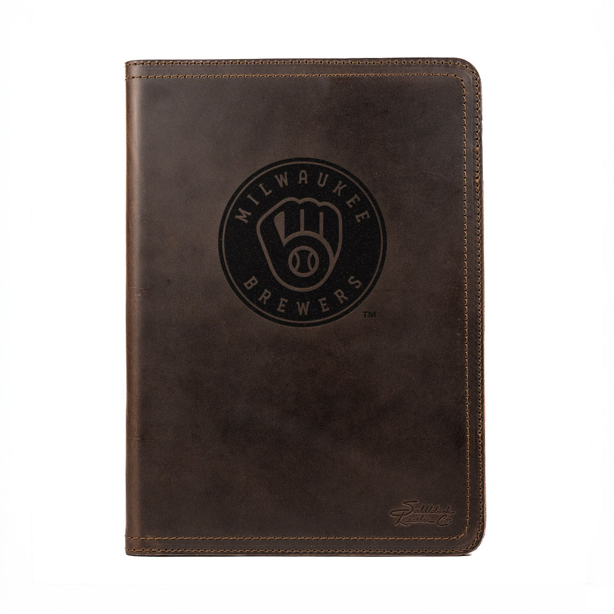 Leather Portfolio - Milwaukee Brewers in Dark Coffee Brown, closed, front view with logo and stitched edges