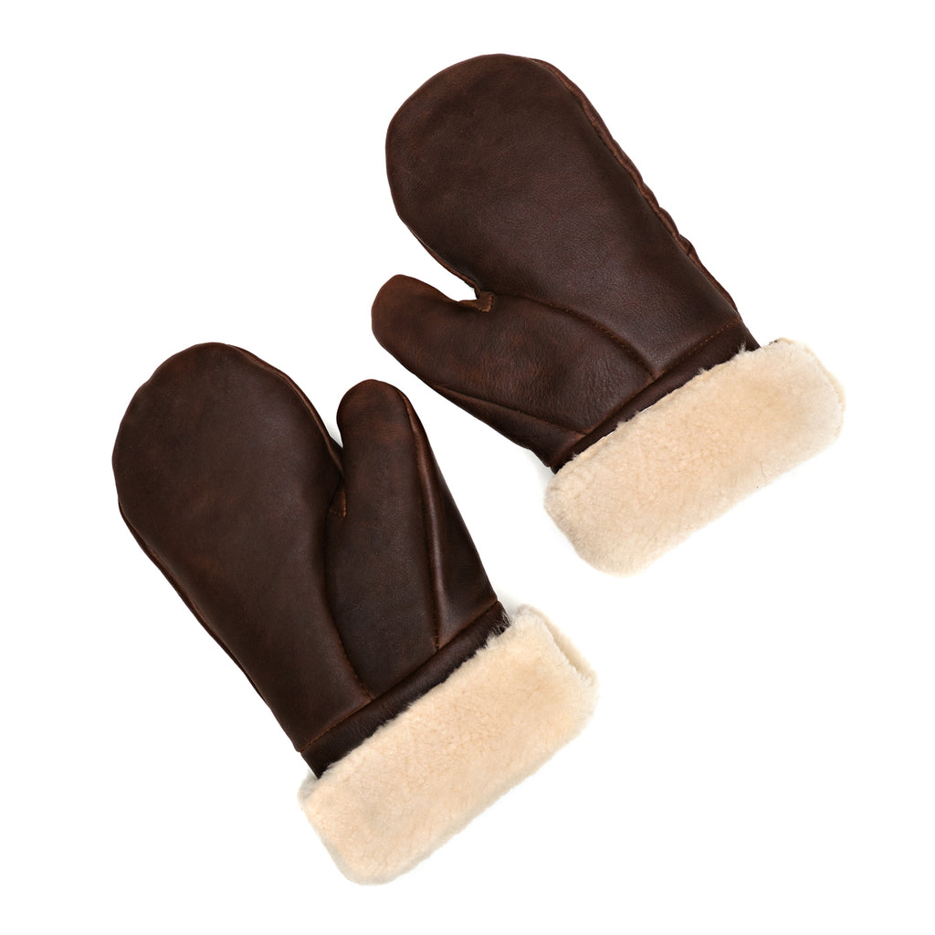 Sheepskin Mittens in dark brown leather with cream shearling cuffs, pair laid flat showing the palms