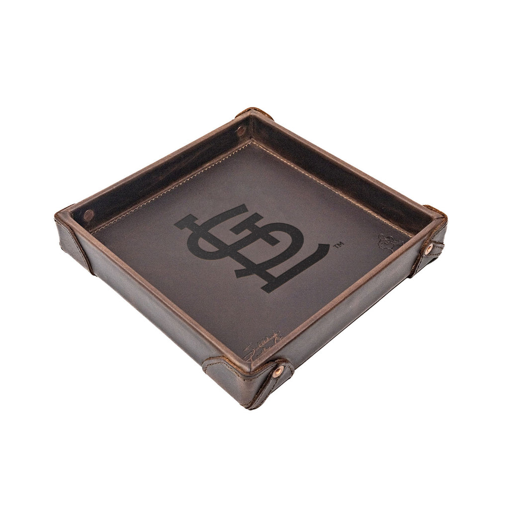 St. Louis Cardinals Leather Valet Tray in Dark Coffee Brown with riveted corners and embossed STL logo