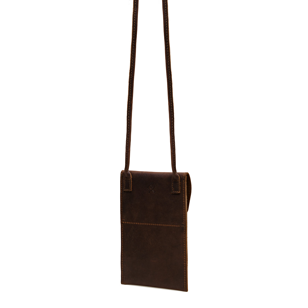 Walker's Pouch in dark brown, angled back view with slip pocket and long crossbody strap