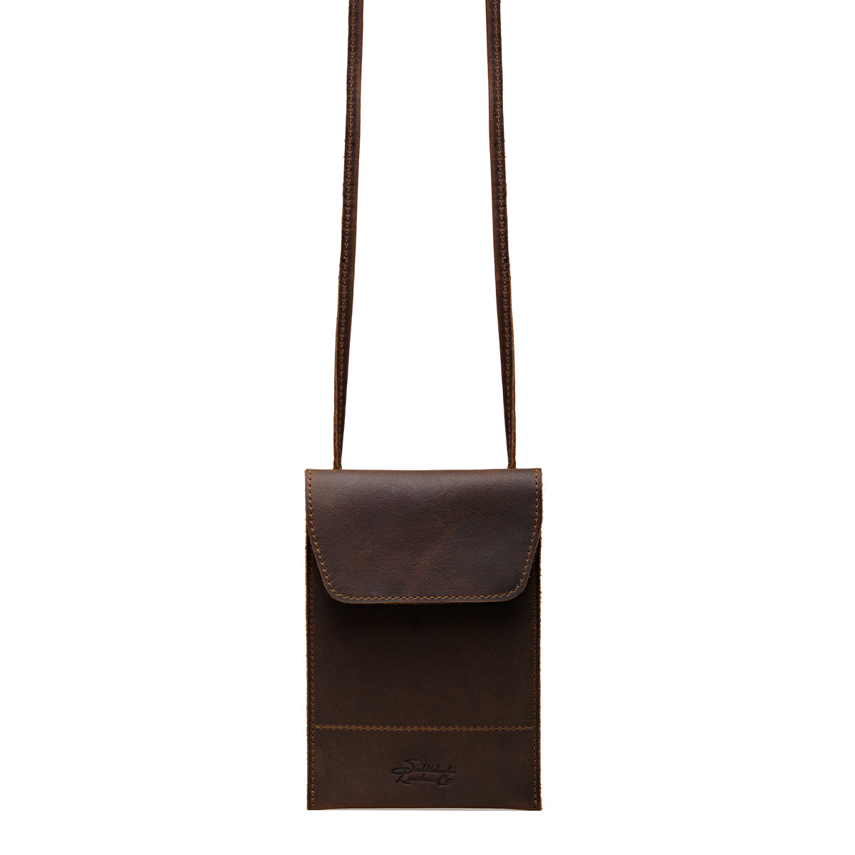 Walker's Pouch in dark brown, front view with flap closure and long crossbody strap