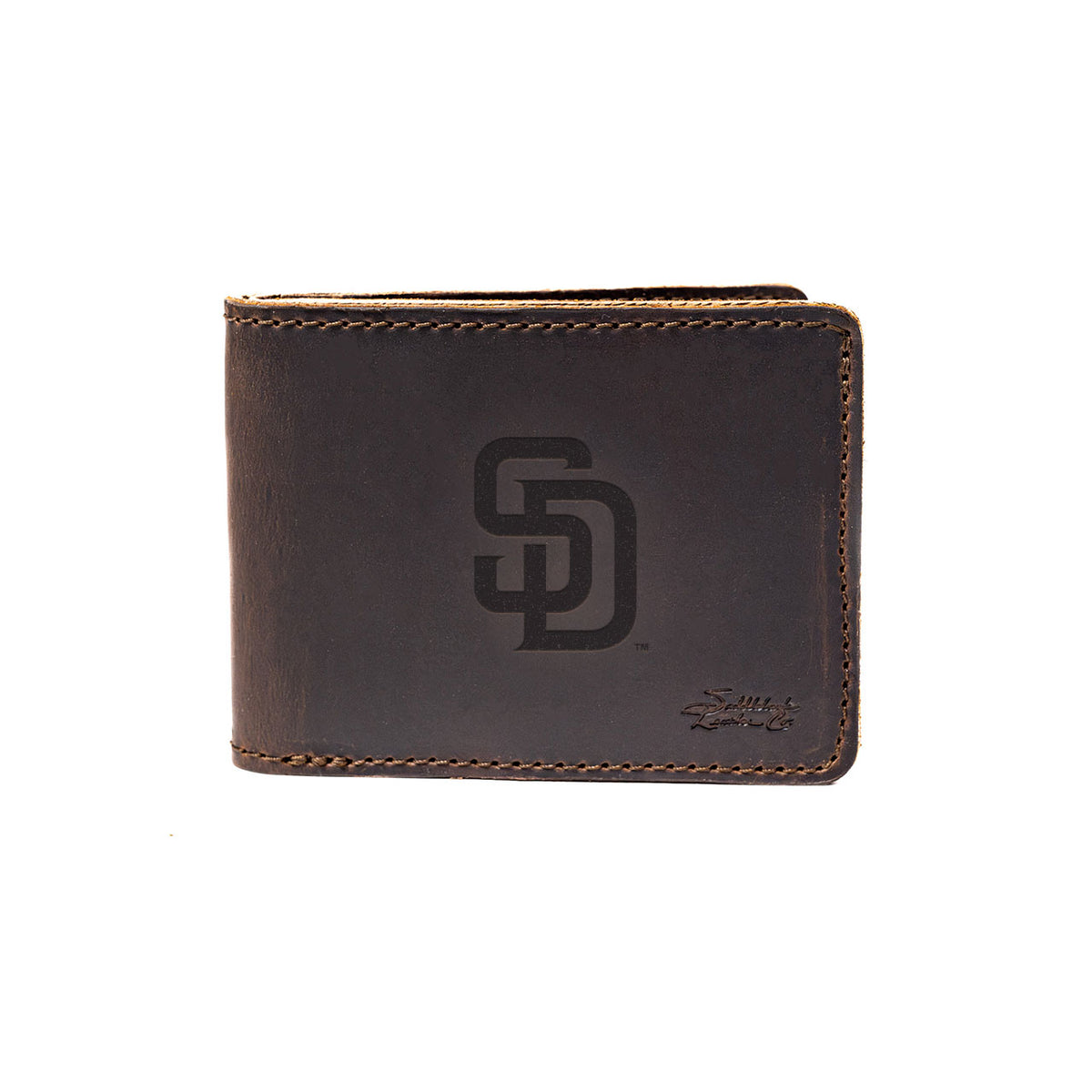 Leather Bifold Wallet in Dark Coffee Brown with embossed San Diego Padres SD logo, closed front view