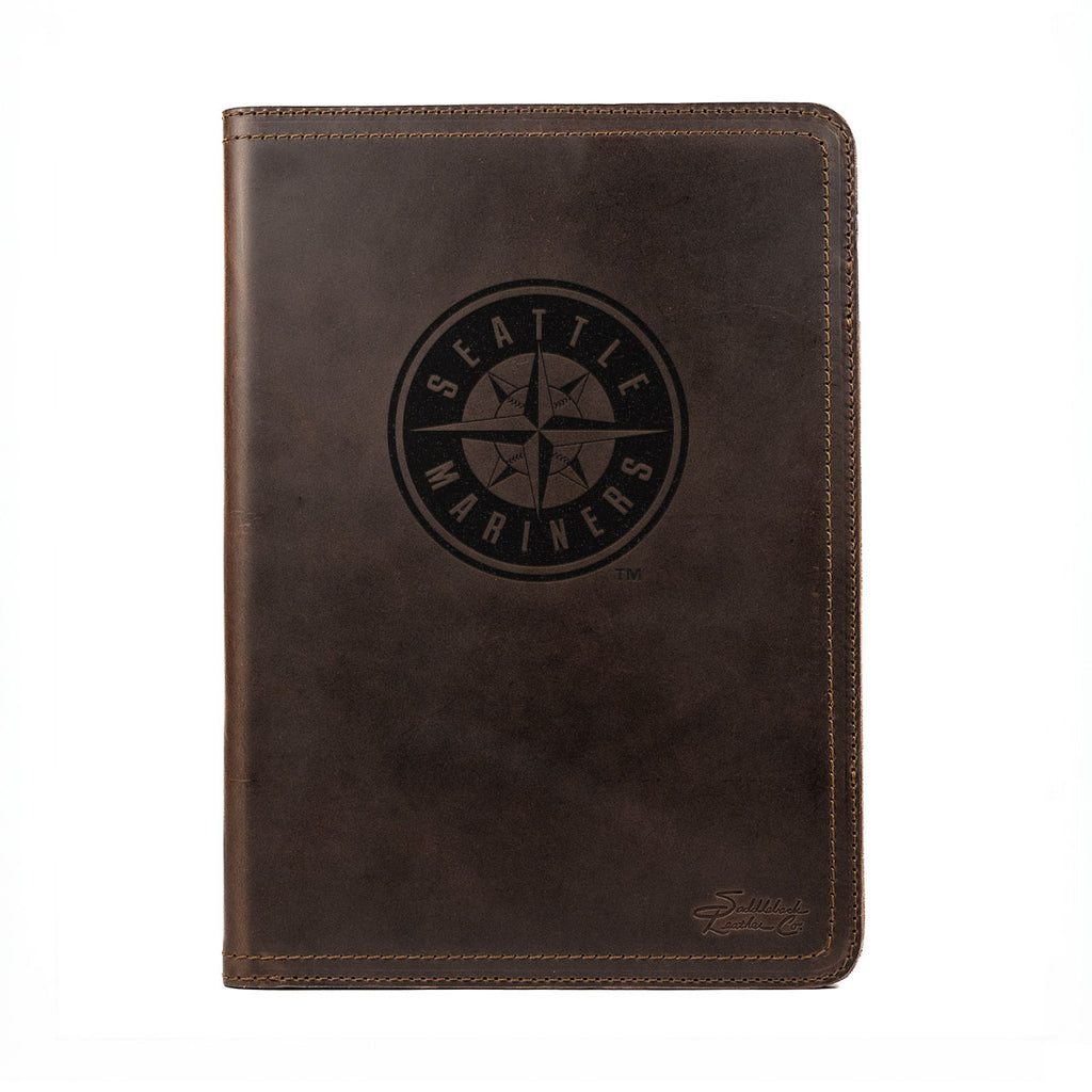 Leather Portfolio - Seattle Mariners in Dark Coffee Brown, closed, front view with compass rose logo and stitched edges