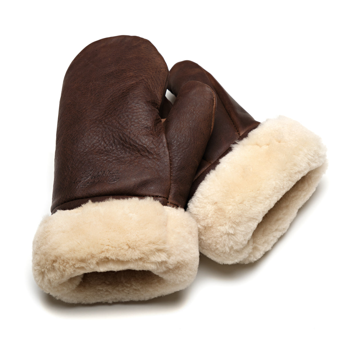 Sheepskin Mittens in dark brown leather with cream shearling cuffs, pair angled front view