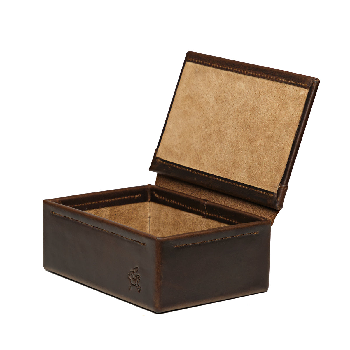 Small Organizer Box in Dark Coffee Brown, lid open showing tan suede-lined interior, angled side view