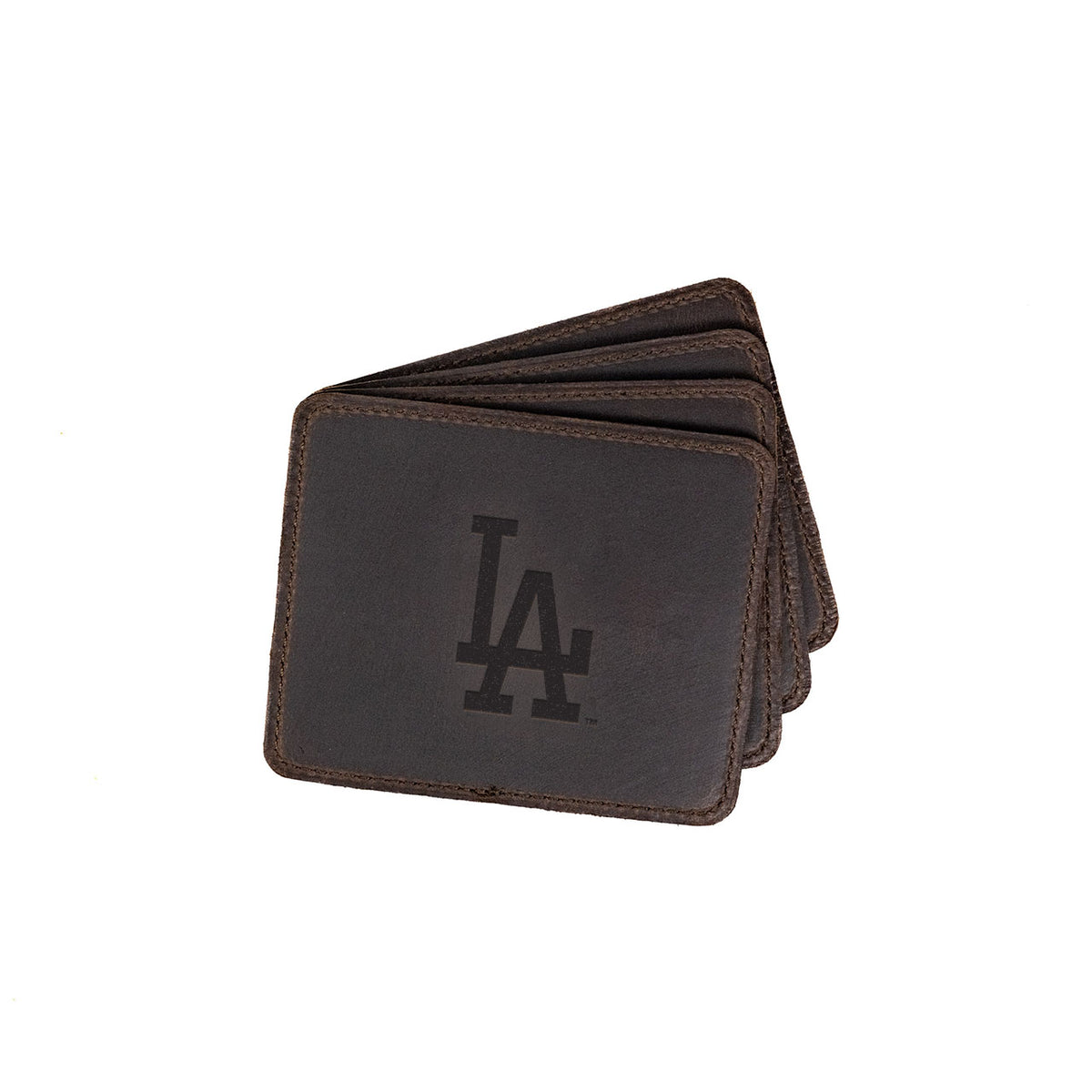 Los Angeles Dodgers Leather Coaster Set in Dark Coffee Brown, four fanned coasters with embossed LA logo