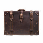 Grandfather Medium Suitcase in Dark Coffee Brown, front view with three buckle straps and riveted corner caps