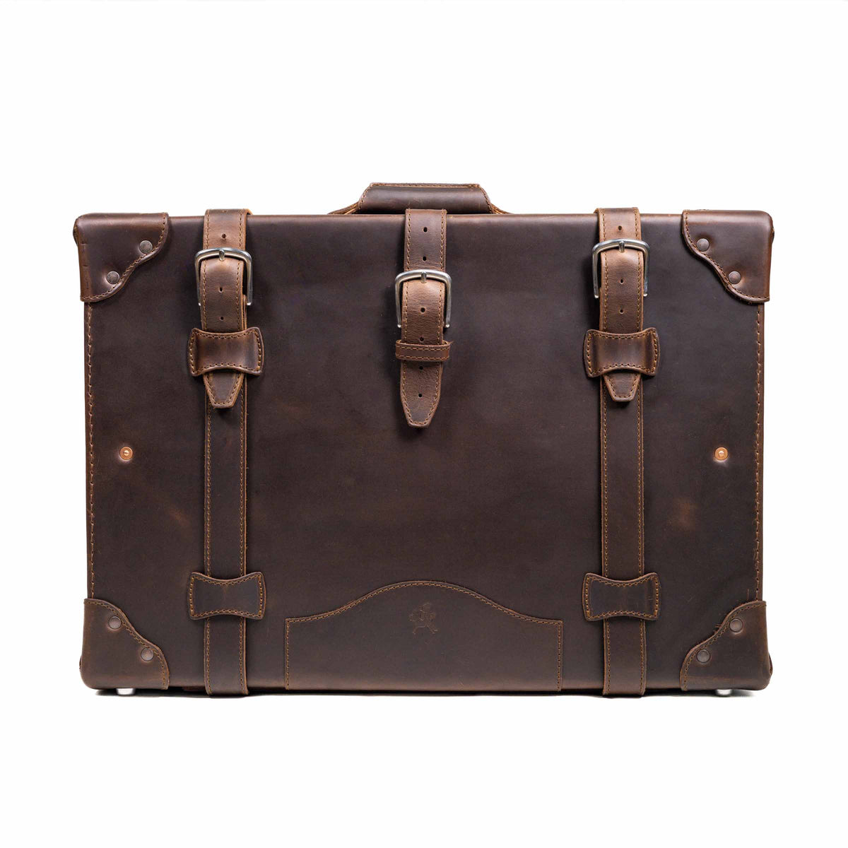 Grandfather Medium Suitcase in Dark Coffee Brown, front view with three buckle straps and riveted corner caps
