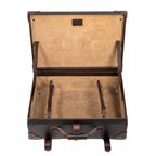 Grandfather Medium Suitcase in Dark Coffee Brown, opened to show the canvas lining and leather tie-down straps
