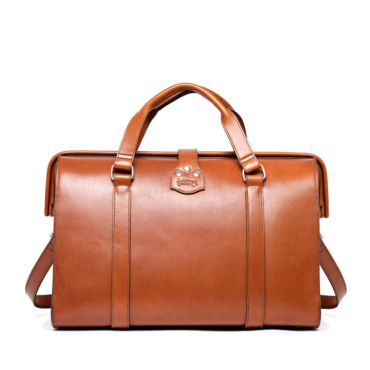 Taylor Duffle Bag in English Tan, back view with top handles and snap tab