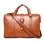 Taylor Duffle Bag in English Tan, front view with center buckle strap and shoulder strap