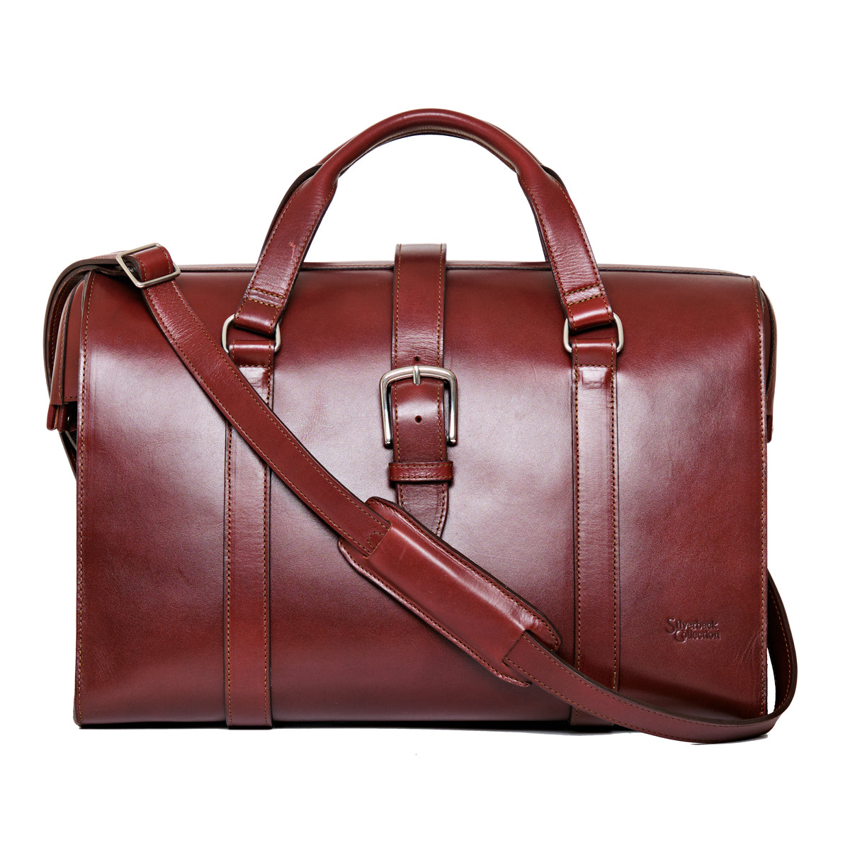 Taylor Duffle Bag in Oxblood, front view with center buckle strap and shoulder strap