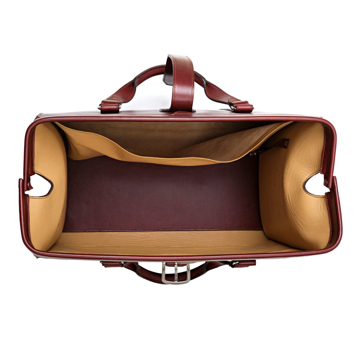Taylor Duffle Bag in Oxblood, top view of the open interior with tan lining