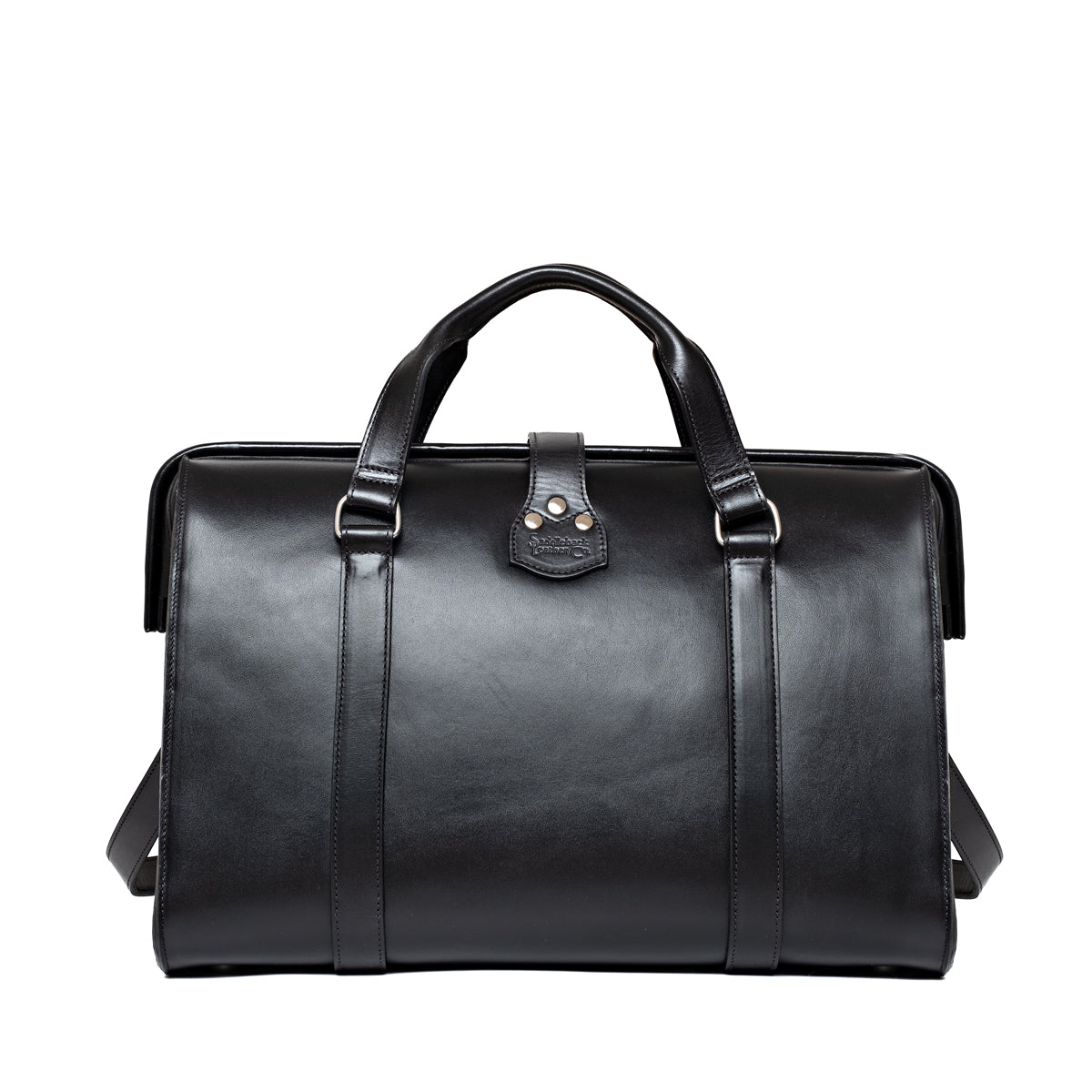 Taylor Duffle Bag in Raven Black, back view with top handles and snap tab