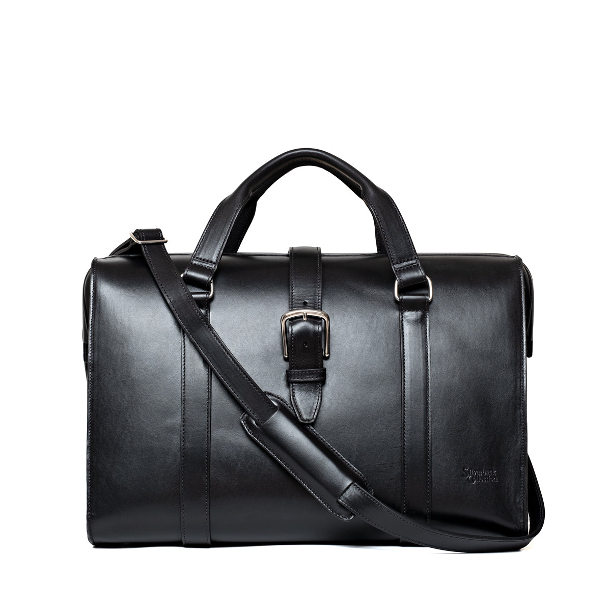Taylor Duffle Bag in Raven Black, front view with center buckle strap and shoulder strap