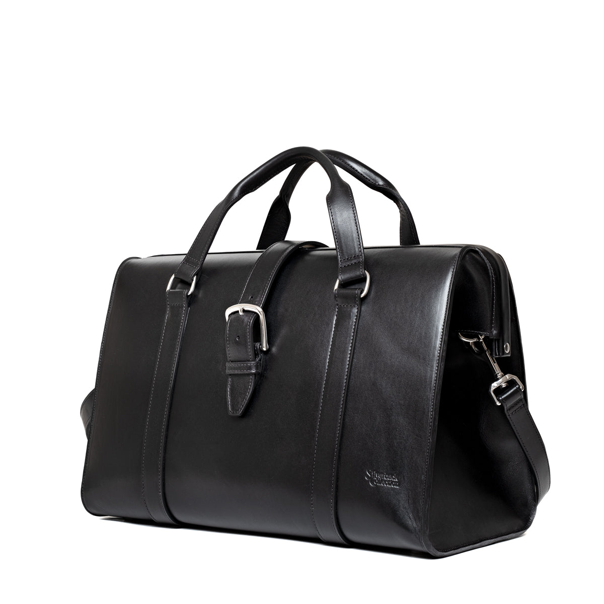 Taylor Duffle Bag in Raven Black, three-quarter side view with buckle strap and clip hardware