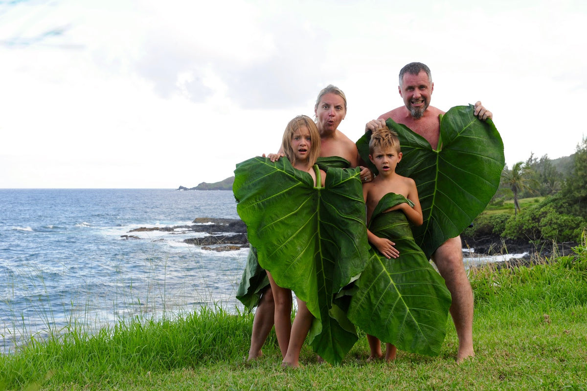 A man, a woman and two children stand on a grassy clifftop above the sea, covered only by giant green leaves held in front of them, all pulling mock-shocked faces.
