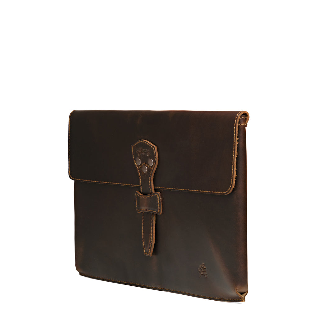 16" Document Holder in Dark Coffee Brown, standing upright at an angle with riveted strap closure