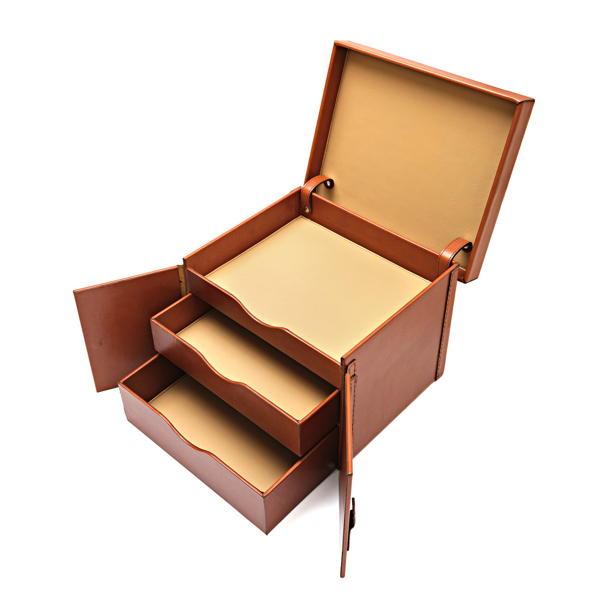 Churchill Case in English Tan, angled view with lid and doors open showing three stacked trays