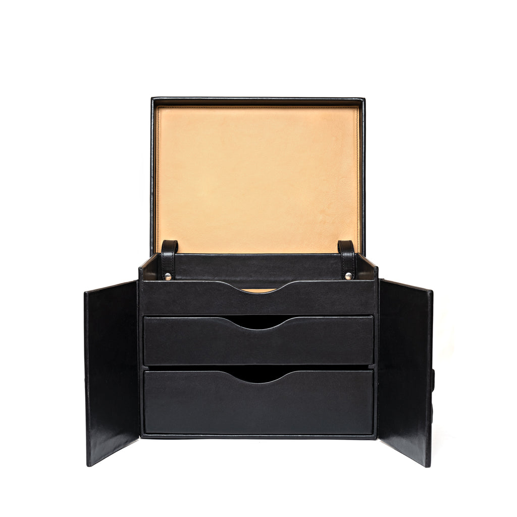 Churchill Case in Raven Black, front view with lid and double doors open revealing three trays