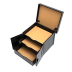 Churchill Case in Raven Black, angled view with lid and doors open showing three tan-lined trays