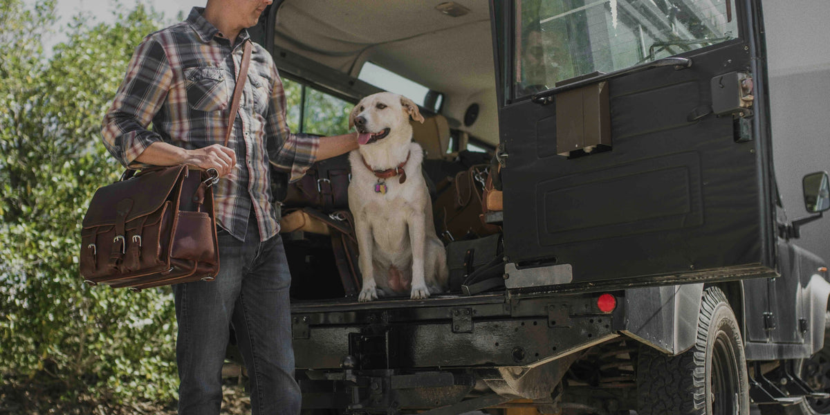 Man with a brown Front Pocket Leather Briefcase beside a yellow lab on a truck tailgate
