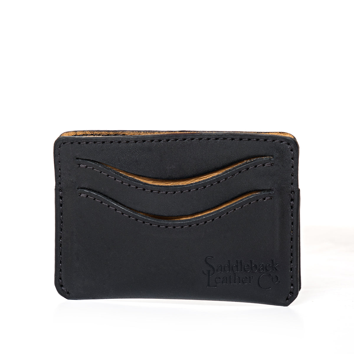 Newton Wallet in Raven Black, front view with two curved card slots and debossed logo