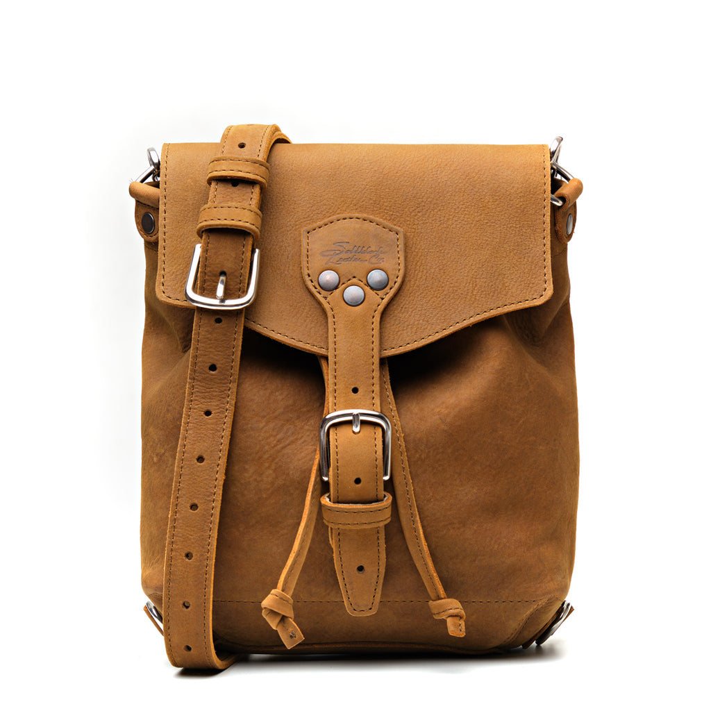 10" Convertible Crossbody in Tobacco, front view with buckled flap, drawstring ties and strap