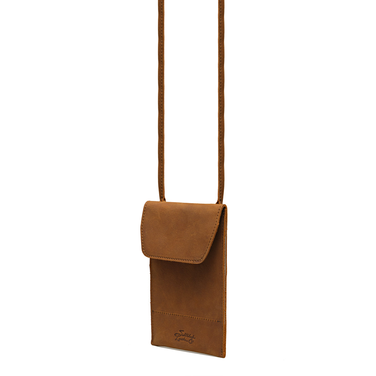 Walker's Pouch in tan, angled front view with flap closure, embossed logo and crossbody strap