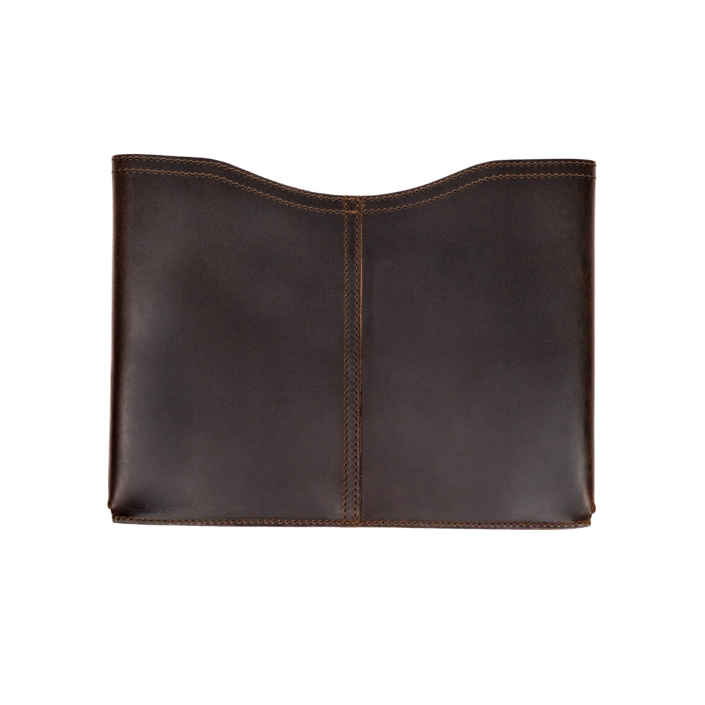 16" Horizontal Laptop Sleeve in Dark Coffee Brown, back view with center seam and curved top opening