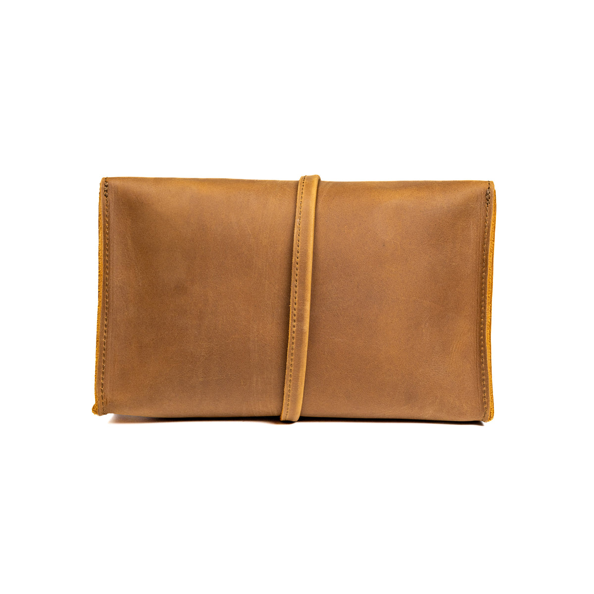 Large Leather Organizer Bag in Tobacco, back view with leather tie wrapped around