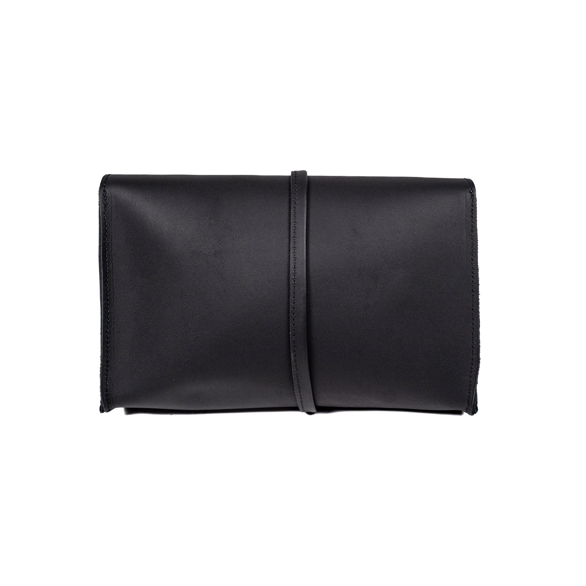 Large Leather Organizer Bag in Black, back view with leather tie wrapped around